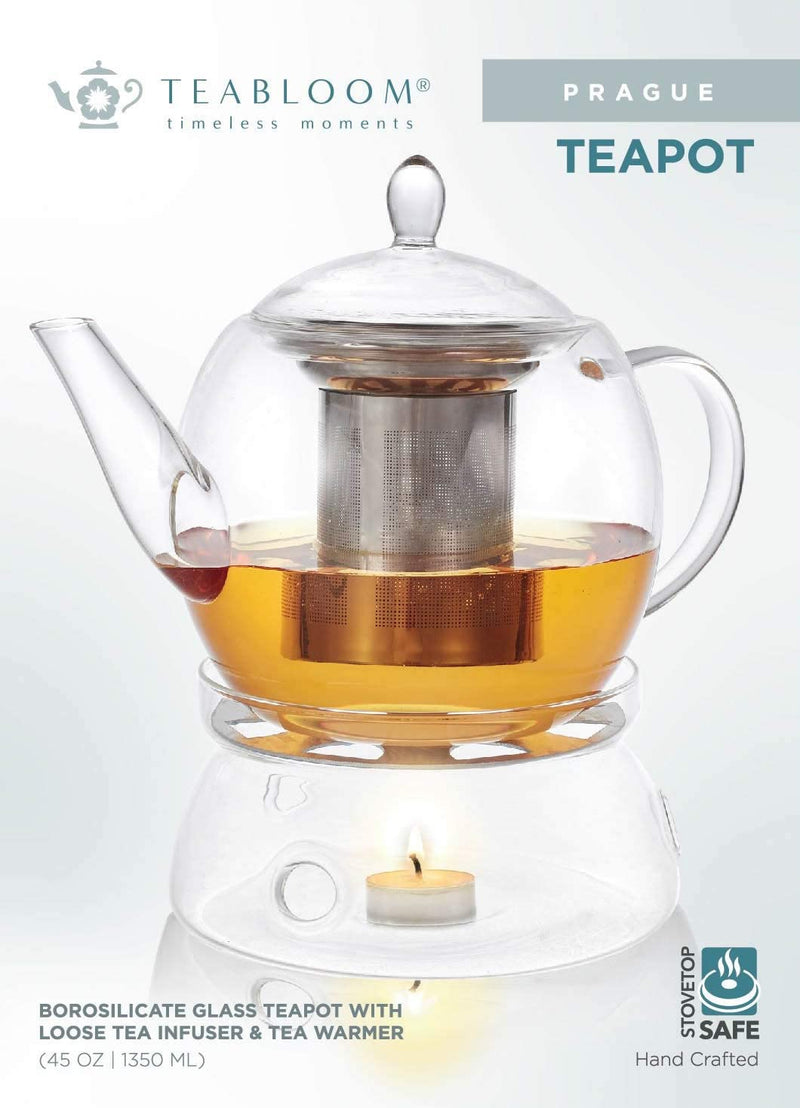 Teabloom Prague Glass Tea Maker & Warmer Set – Large Capacity (45 oz) – Heatproof Borosilicate Glass Teapot with Removable Stainless Steel Loose Tea Infuser – Stovetop Safe Kettle