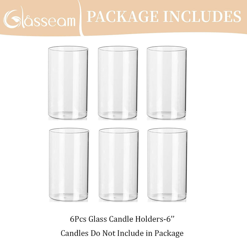 Glasseam Hurricane Glass Candle Holder Set of 6, Cylinder Clear Candle Holders for Pillar Candles, Modern Cylinder Vases for Floating Candles, Vases for Centerpiece Wedding Table Decorations, 6inch