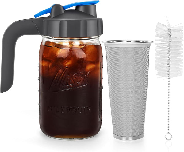 Cold Brew Coffee Maker Pitcher - 32 oz Mason Jar With Airtight Lid, Handle & Stainless Steel Filter for Sun Tea, Ice Tea, Coffee, Lemonade, 1 Pack