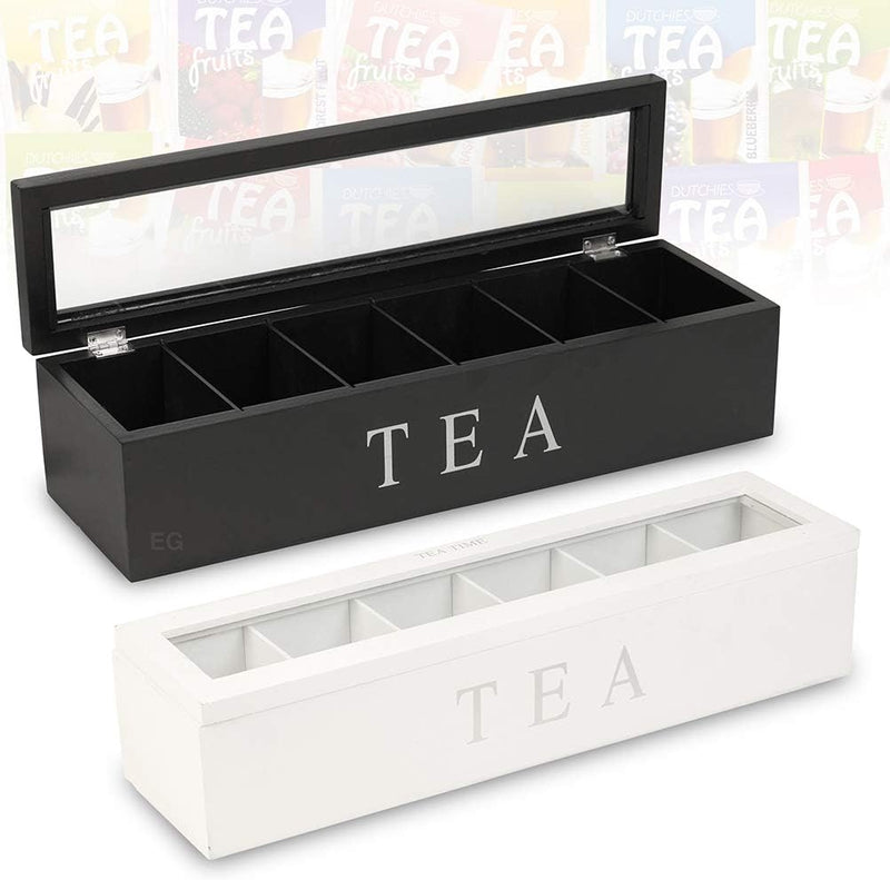 Wooden Tea Storage Box, 6 Compartment Tea Box Storage Organizer Tea Bag Holder Storage Chest Box with Transparent Cover Wooden Box for Storage Tea Bags (White)