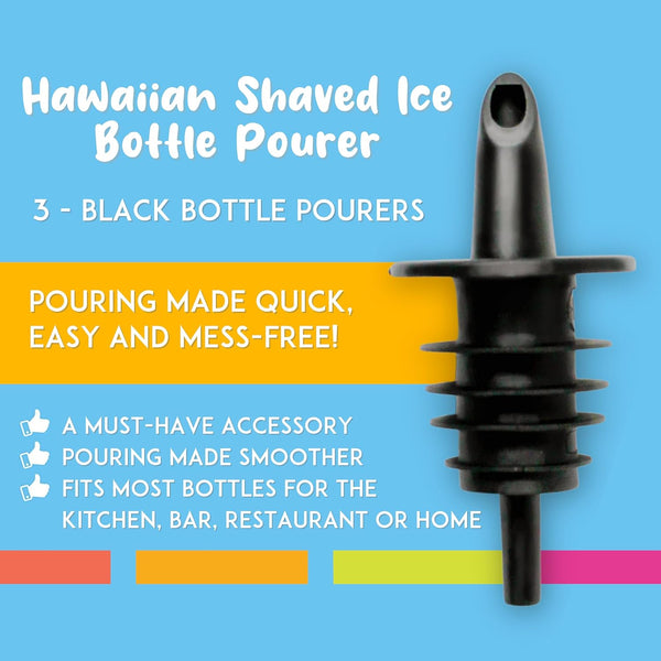 Hawaiian Shaved Ice 3 pack Free Flow Pourers, for Snowcone Syrup, Plastic Bottle Spout for Mixed Drinks, Snow Cone, Mochas & Latte Flavor - Black