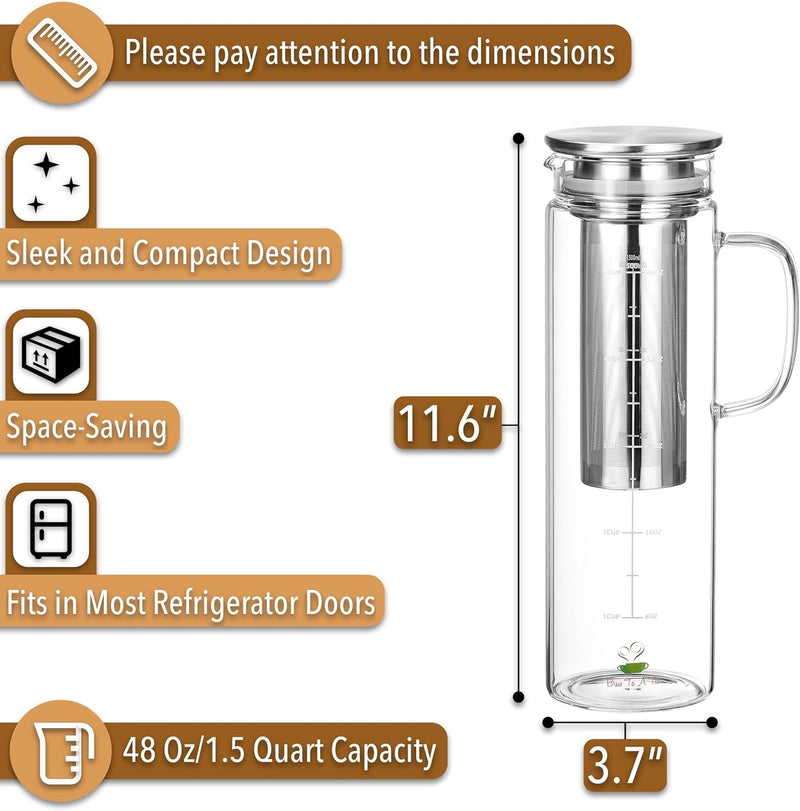 BTaT- Cold Brew Coffee Maker, 1.5 Quart,48 oz Iced Coffee Maker, Iced Tea Maker, Airtight Cold Brew Pitcher, Coffee Accessories, Cold Brew System, Cold Tea Brewing, Coffee Gift, Tea Maker with Infuser