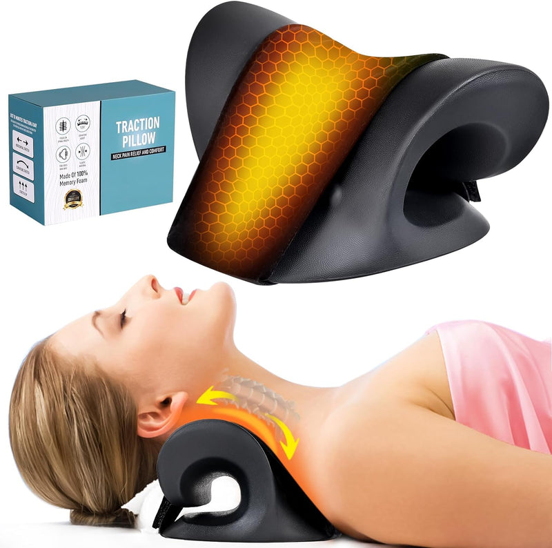 Neck Stretcher Neck Pain Relief Heated Cervical Traction Device Pillow with Graphene Heating Pad Neck Massager Neck Hump Corrector for TMJ Pain Relief and Spine Alignment