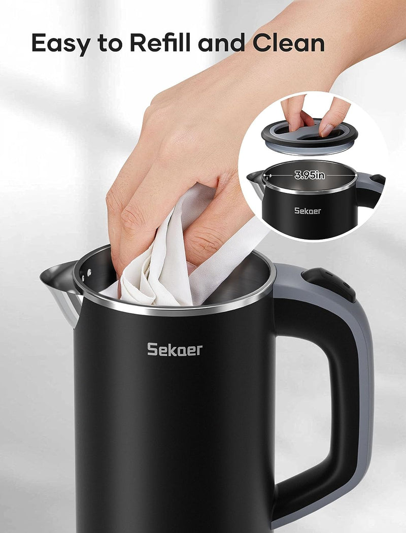 Sekaer Small Electric Tea Kettle Stainless Steel 0.8L Portable Travel Hot Water Boiler, Mini Electric Coffee Kettle with Auto Shut-Off & Boil Dry Protection, Cordless Base & LED Indicator