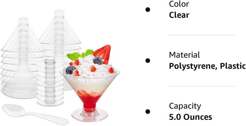 Zezzxu 40 Pack Plastic Martini Glasses - 5 oz Disposable Dessert Cups with Spoons Reusable Cocktail Glasses for Party Champagne, Parfait, Ice Cream, Pudding and Trifle