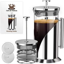 The Original Glass French Press Coffee Maker - Versatile Coffee Press, Tea Press w/ 4 Level Filtration, BPA Free French Press Stainless Steel Coffee Maker by Cafe Du Chateau (34oz)