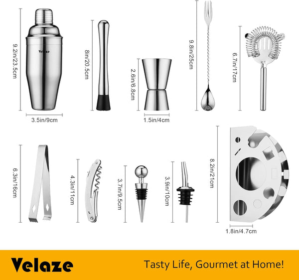 Velaze Cocktail Shaker Set,10 Pieces Stainless Steel Bar Tools - Bottle Opener, Pour Spouts,Measuring Jigger and Wine Stopper, Champagne Martini Shaker Sets (Blue)