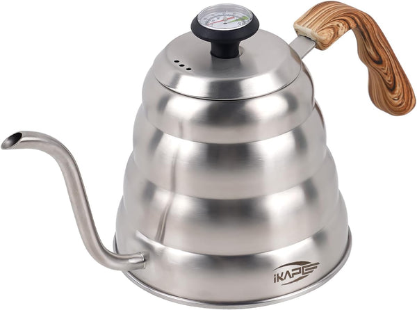 IKAPE Espresso Pour Over Coffee Kettle, Gooseneck Tea Kettle, 40 oz with Thermometer, Premium Stainless Steel Kettle Body & Ergonomic Wood Handle(Silver)