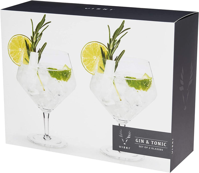 Viski Angled Stemmed Gin & Tonic Glasses, Highball glasses, Cocktail Glasses, Vodka Tonic Glasses, Gin Glasses for Gin Lovers Gift set of 2, 14oz, Clear