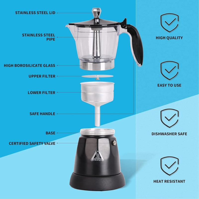 Electric Coffee Pot, 6 Cup 300ML Coffee Maker Espresso Maker Small Travel Coffee Maker with Measuring Spoon, Transparent Electric Coffee Percolator Italian Coffee Machine Maker