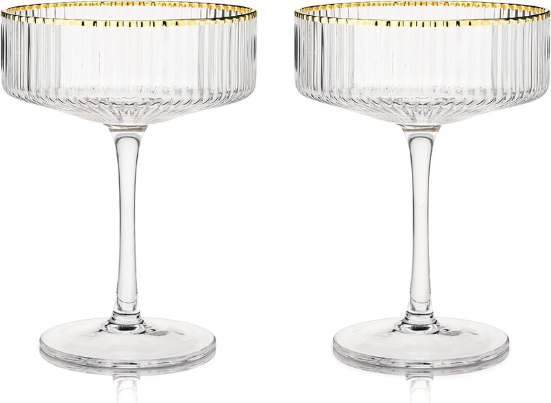 Viski Meridian Vintage Coupe Glasses, Art Deco Champagne Coupe Glassware, Gold Rimmed Stemmed Drinkware Set of 2, 11.5 oz