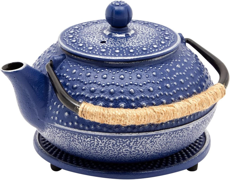 Cast Iron Teapot with Infuser - Japanese Tea Kettle, Loose Leaf Tetsubin with Handle and Trivet (Blue, 3 Pcs, holds 27 oz, 800 ml)