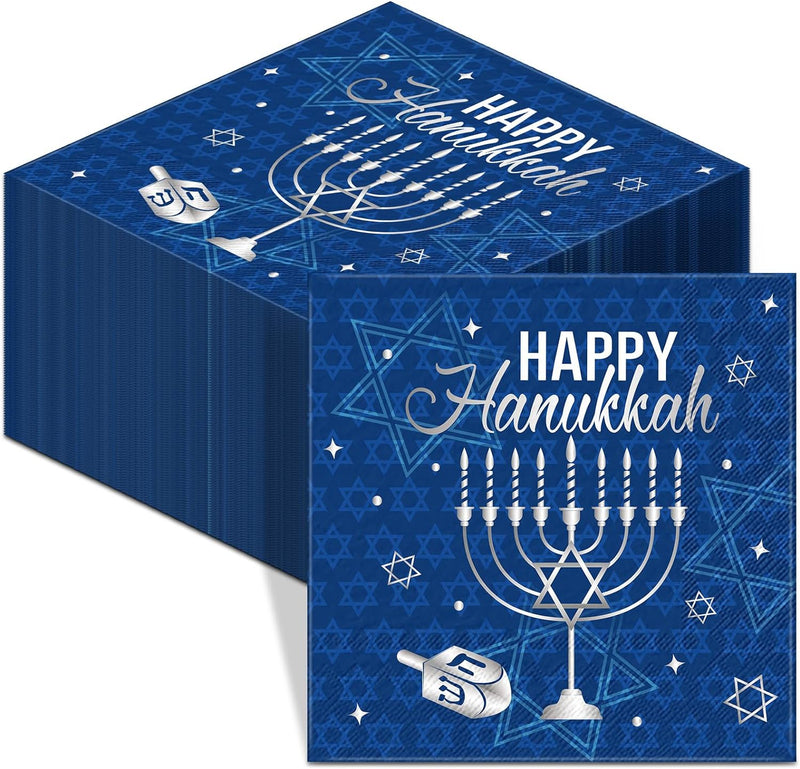 Honoson 100 Pcs Hanukkah Napkins Paper Disposable Cocktail Napkins Luncheon Guest Napkins for Menorah Themed Party Hanukkah Party Supplies Holiday Table Decoration