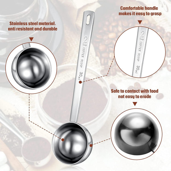4 Pieces 2 Tablespoon Scoops with Long Handle, 30 ml Stainless Steel Coffee Spoon for Coffee Milk Fruit Powder, Measuring Dry and Liquid Ingredients, Spice Jar, Cooking Baking, Leveler