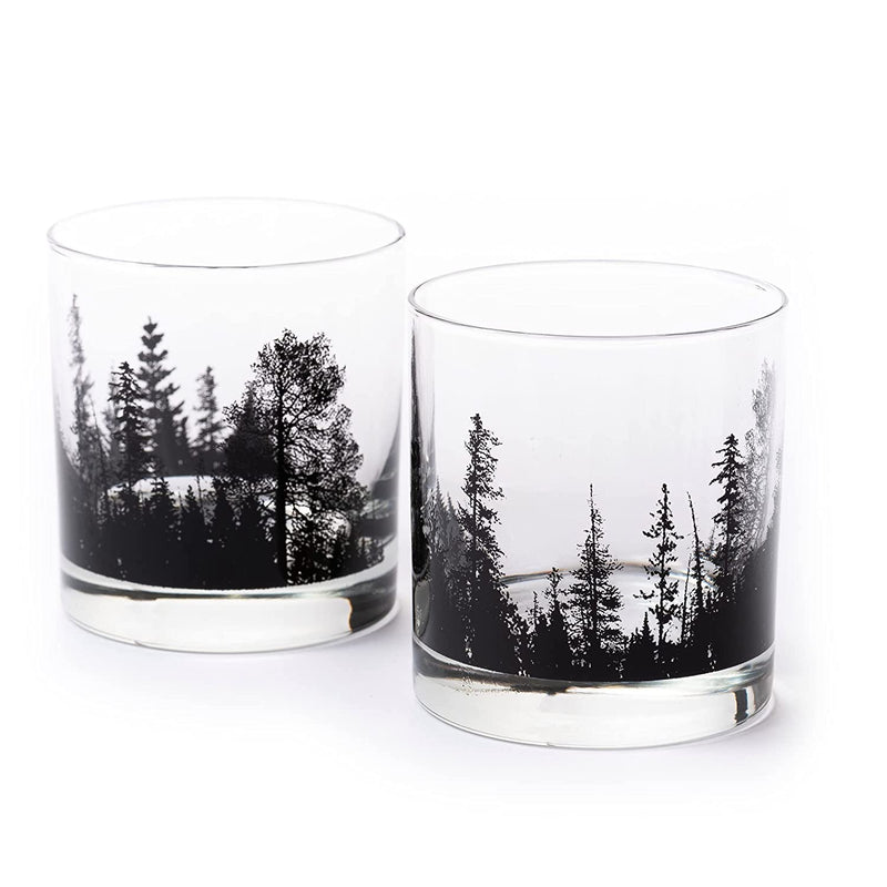 Black Lantern Whiskey Glasses – Forest Landscape Cocktail Glasses - Set of 2 Glasses - Old Fashioned Rock Glass Set - 11oz. Tumbler Glass