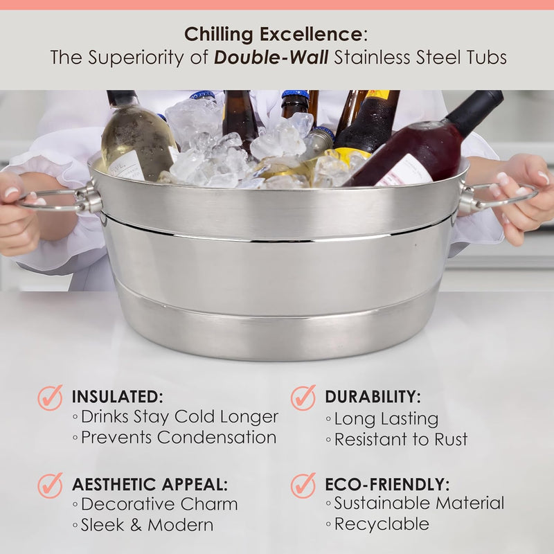 BREKX Stainless Brushed Steel Beverage Tub, Double Wall Insulated Anchored Ribbed Drink Tub & Ice Bucket with Double Hinged Handles, Drink Chiller for Parties, Round, 12QT (3 Gallon), 100% Leak Proof
