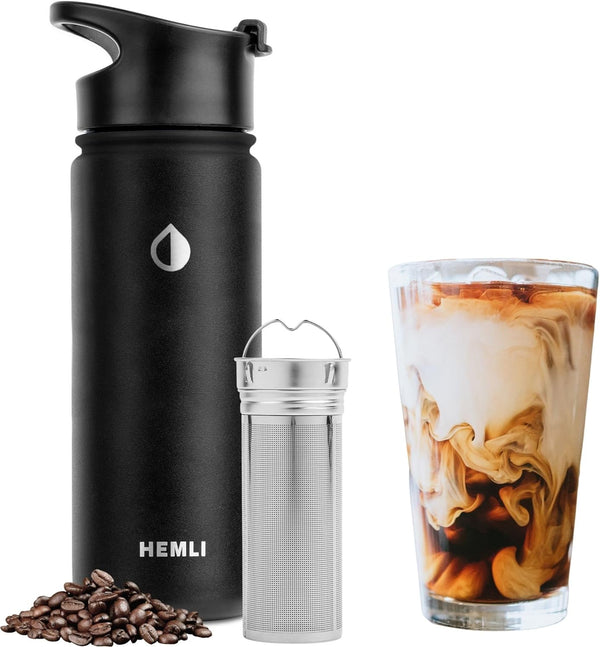 Hemli Cold Brew Bottle Coffee Maker, 18 oz Insulated Portable Cold Brew Cup To-Go Coffee Tumbler, Cold Brew Travel Mug with Stainless Steel Filter, Leakproof, Airtight, Rustproof