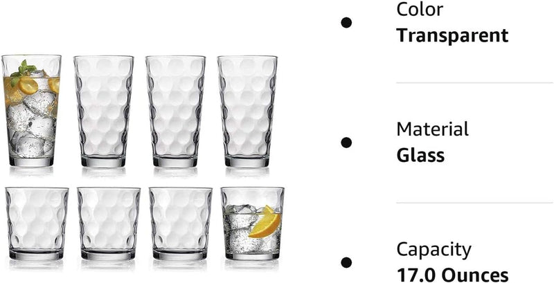 Home Essentials & Beyond Glassware Drinking Glasses Set Of 8 4 Highball (17 oz.) Kitchen Glasses | 4 (13 oz.) Rocks Glass Cups for Water, Juice and Cocktails.