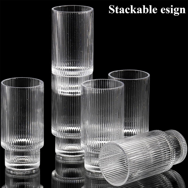 DEAYOU 6 Pack Ribbed Drinking Glass, 10 OZ Vintage Highball Glass Cup, Stackable Clear Glassware, Crystal Thick Collins Tumbler with Heavy Base for Cocktail, Water, Hot or Cold Drink, Origami Style