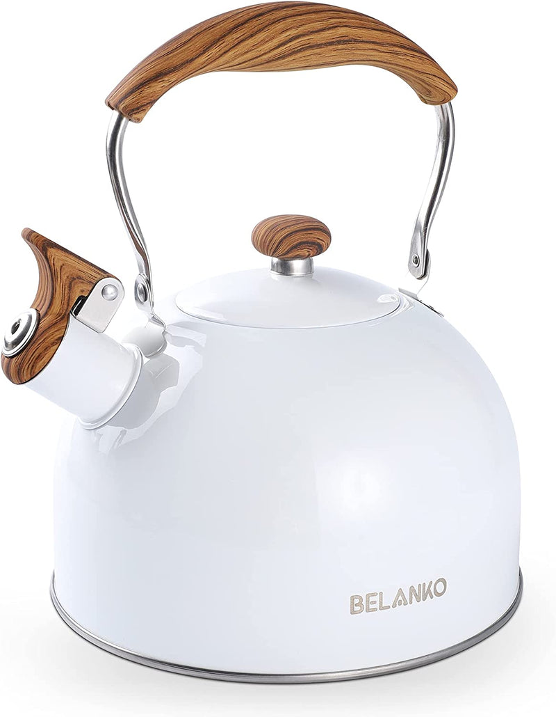 Tea Kettle, BELANKO 85 OZ / 2.5 Liter Whistling Tea Kettle Pots for Stove Top Food Grade Stainless Steel with Wood Pattern Folding Handle, Loud Whistle for Tea, Coffee, Milk - Milk White