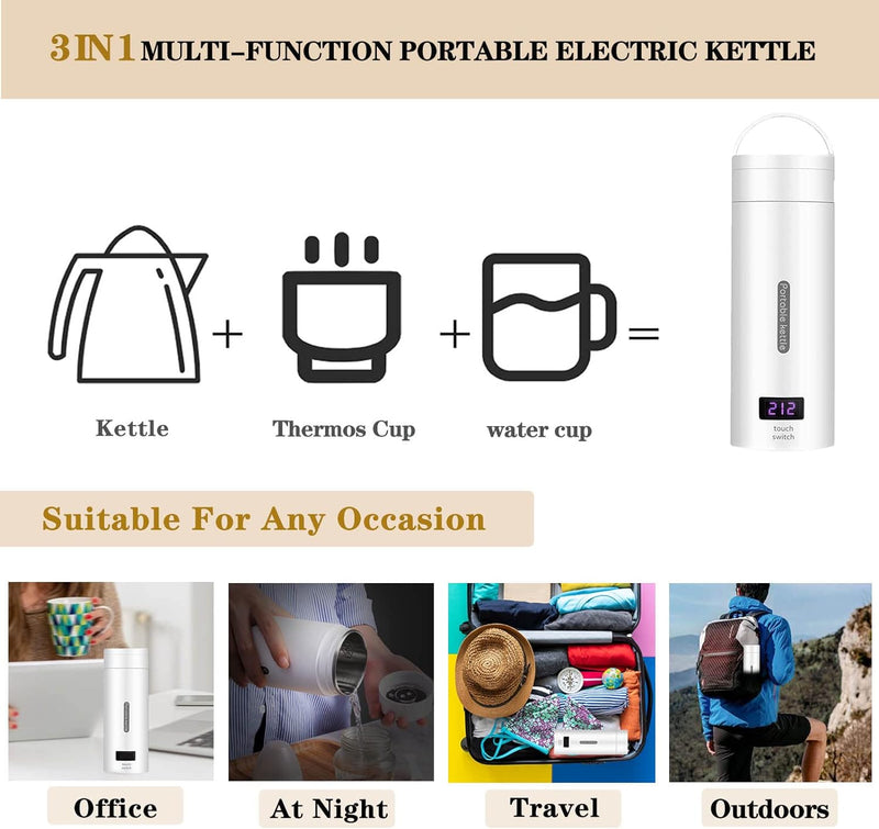 Travel Electric Kettle Small Portable Electric Kettle, 380ML Mini Tea Kettle with 4 Variable Presets, 304 Stainless Steel Travel Water Boiler, Auto Shut-Off & Boil Dry Protection, BPA Free(White)