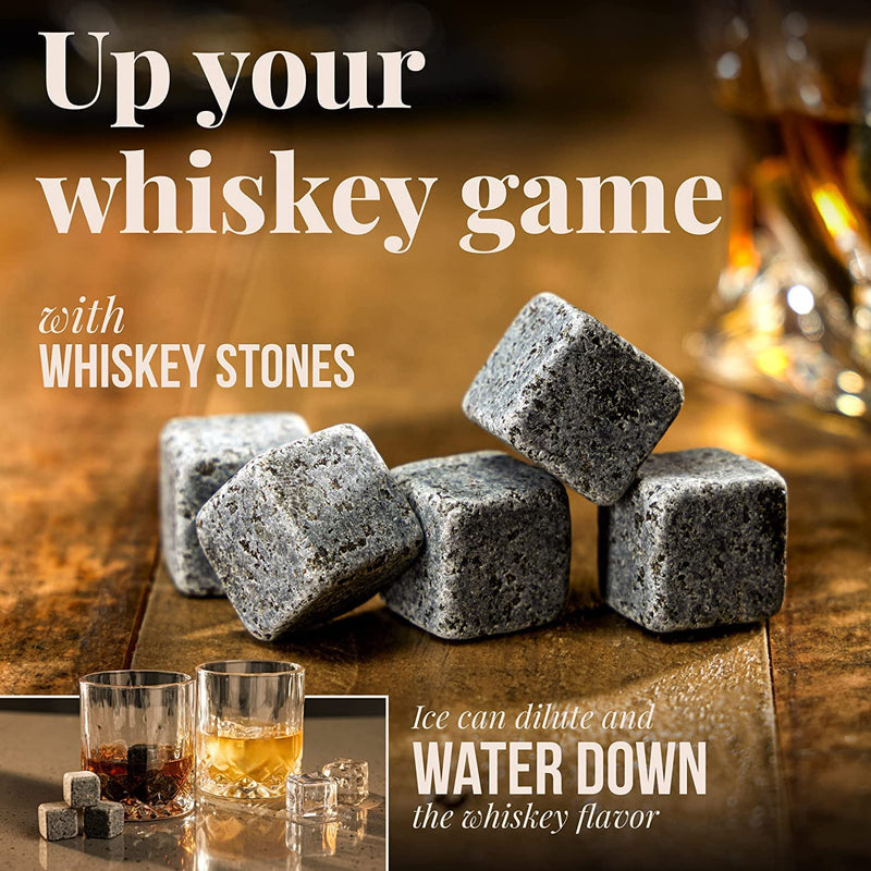 Mixology & Craft Whiskey Stones - Cube-Shaped Granite Chilling Whiskey Rocks Set of 6, Whiskey Gifts for Men and Christmas Stocking Stuffers - Dark Granite