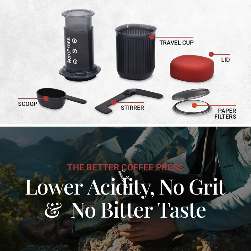 Aeropress Go Travel Coffee Press Kit - 3 in 1 brew method combines French Press, Pourover, Espresso - without grit or bitterness - Small portable Full bodied coffee maker for camping & travel