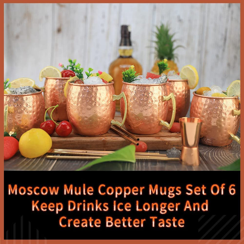 Moscow Mule Copper Mugs- Set of 6 Copper Plated Stainless Steel Mug 18oz, for Chilled Drinks (6 Pack)