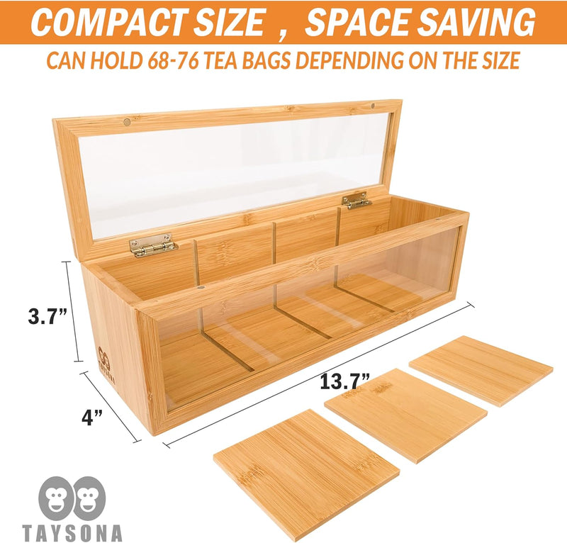 TAYSONA Bamboo Tea Bag Organizer: Wooden Tea Box with 4 Compartments, Clear Acrylic Windows - Magnet Lid - Keeps Tea Bags Fresh - Elegant Kitchen Organizer for Tea Lovers - Ideal for Christmas Gifts