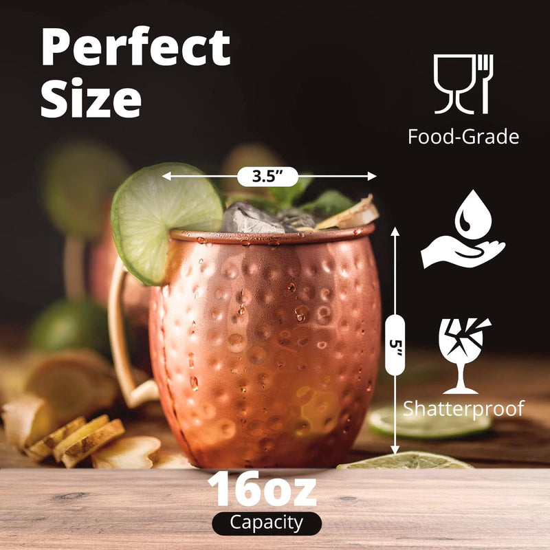 Bliss Bar 16 Oz Moscow Mule Cups Set of 4 | Pure Solid Copper Moscow Mule Mugs| Premium Quality Copper Straws and Shot Glass Included for Perfect Cocktail Experience