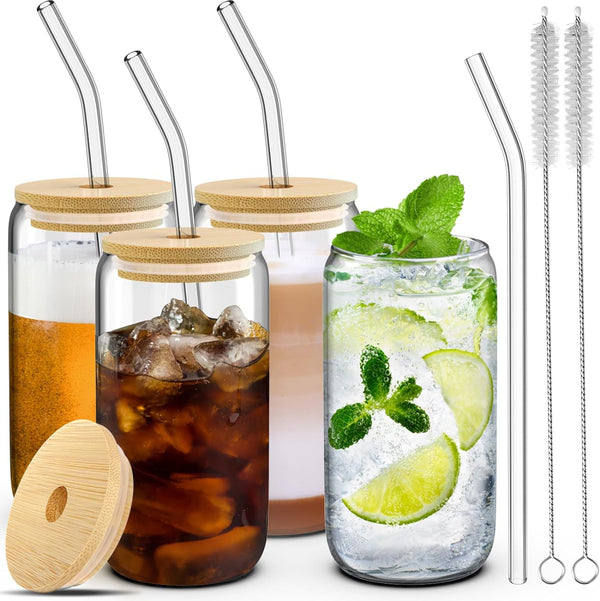 Dealusy 4 Set Glass Cups with Lids and Straws 16 oz, Glasses Drinking Set, Iced Coffee Cup with Bamboo Lids, Drinking Glasses Tumbler with Straw and Lid, Glass Can Drinking Glassware, 2 Brushes