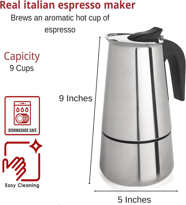 Mixpresso 9 Cup Coffee Maker Stovetop Espresso Coffee Maker, Moka Coffee Pot with Coffee Percolator Design, Stainless Steel Stovetop Espresso Maker, Italian Coffee Maker