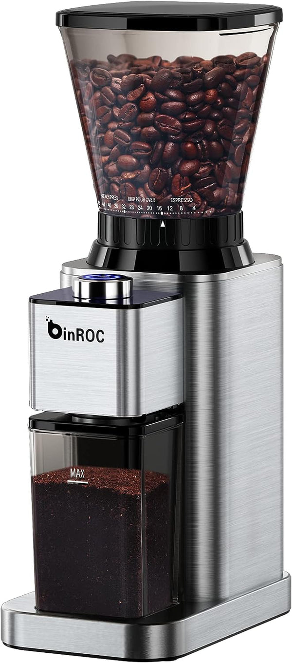 Anti-static Conical Burr Coffee Grinder with 48 Grind Settings, binROC Adjustable Electric Coffee Bean Grinder for 2-12 Cups (Stainless Steel)