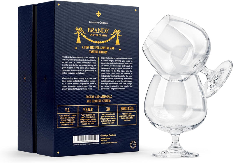 Large 21 oz Crystal Brandy and Cognac Snifter Glasses | Set of 2 Short Stem Giant Sniffer Bowls | Drinking and Tasting Glassware for Bourbon, Scotch, Tequila, Armagnac, Rum, Beer, Liquor