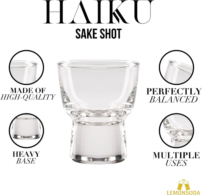 LEMONSODA Clear Shot Glass Set- Haiku Sake Shot Glasses - Sake, Tequila, Whiskey, Vodka, Gin - Great for Tastings, Gifts, Parties, Unique Show Piece, Set of 6 (60 mL / 2 fl. oz.) (Set of 6)