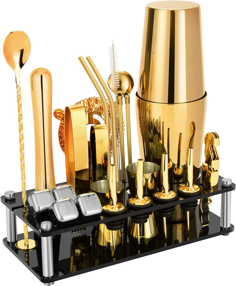 Cocktail Shaker Set, 23-Piece Boston Stainless Steel Bartender Kit with Acrylic Stand & Cocktail Recipes Booklet, Professional Bar Tools for Drink Mixing, Home, Bar, Party (Include 4 Whiskey Stones)