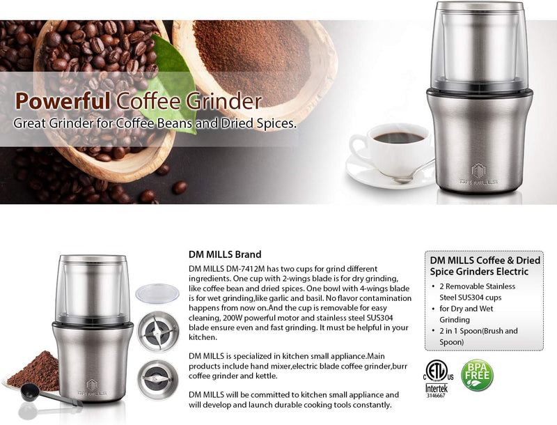 DR MILLS DM-7412M Electric Spice Grinder and Coffee Grinder, Grinder and chopper,detachable cup, diswash free, Blade & cup made with SUS304 stianlees steel