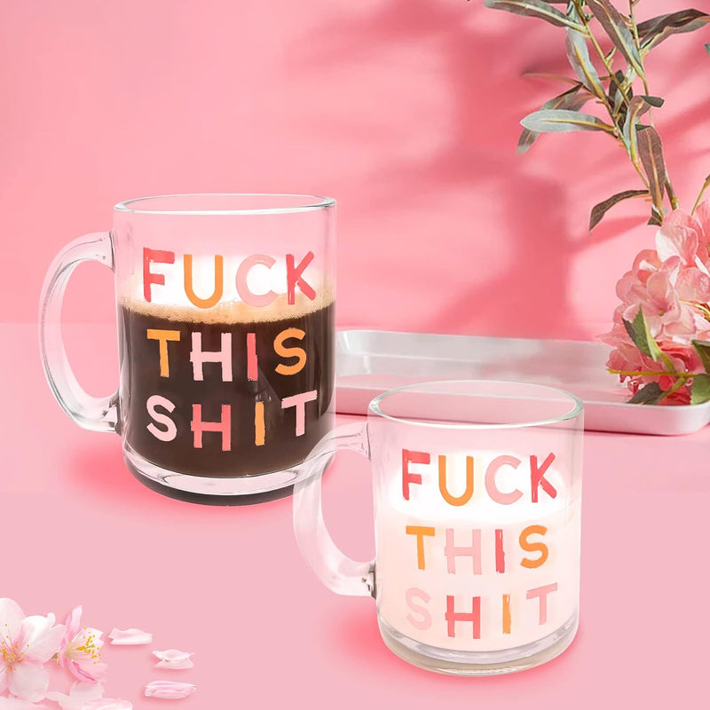 MARKABLE Fuck This Shit - Glass Coffee Mug, Large Wide Mouth Glass Mug, Clear Tea Cup with Handle, Perfect Design for Hot and Cold Drinks, 11 OZ Glass Cup for Beer, Coffee, Milk, Tea and Juice