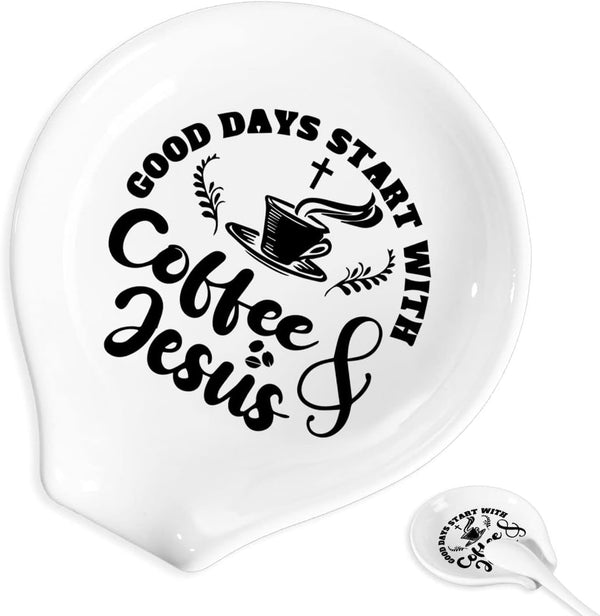 Coffee Spoon Rest and Spoon,Funny Coffee Quote Ceramic Coffee Spoon Holder-Station Decor Coffee Bar Accessories-Gifts for Coffee Lovers (Good Days)