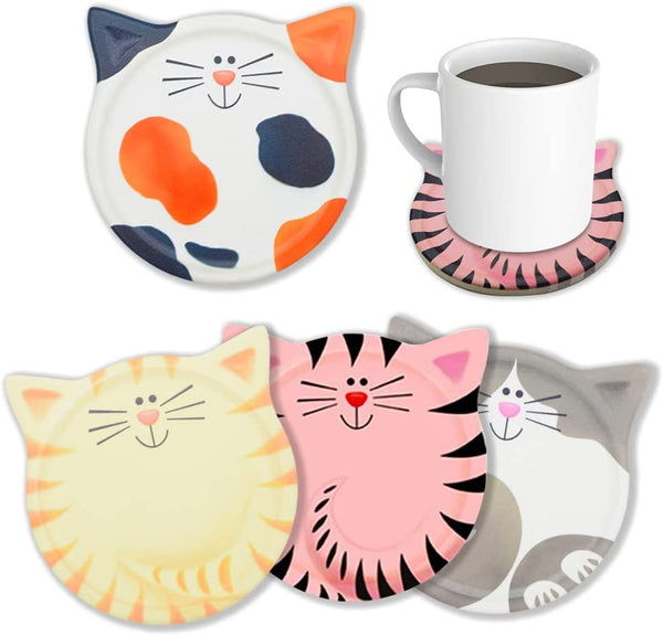 Funny Coasters for Drinks Absorbent, Cat Shaped Ceramic Coasters Set of 4, Unique Gift Ideas for Cat Lovers, Bar Dining Table Decor Housewarming Birthday Gift - 4.25''