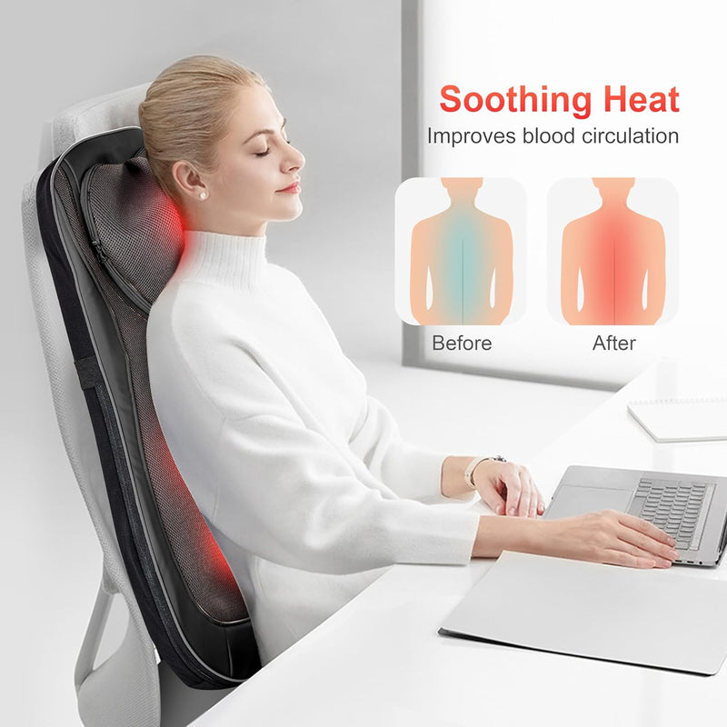 CooCoCo Shiatsu Neck & Back Massager with Heat - Kneading Massage Chair Pad for Full Body Pain Relief, Chair Massager with Height Adjustment, Gifts for Elder, Man or Woman