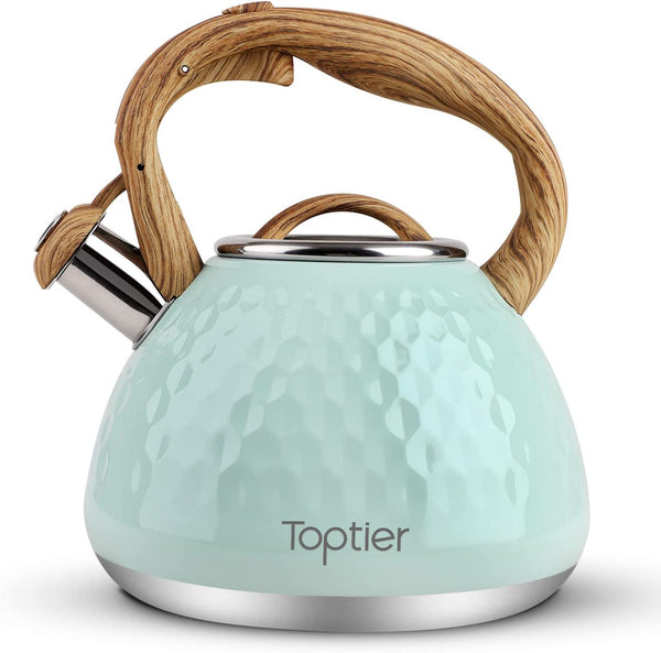 Tea Kettle, Toptier Teapot Whistling Kettle with Wood Pattern Handle Loud Whistle, Food Grade Stainless Steel Tea Pot for Stovetops Induction Diamond Design Water Kettle, 2.7-Quart Light Green