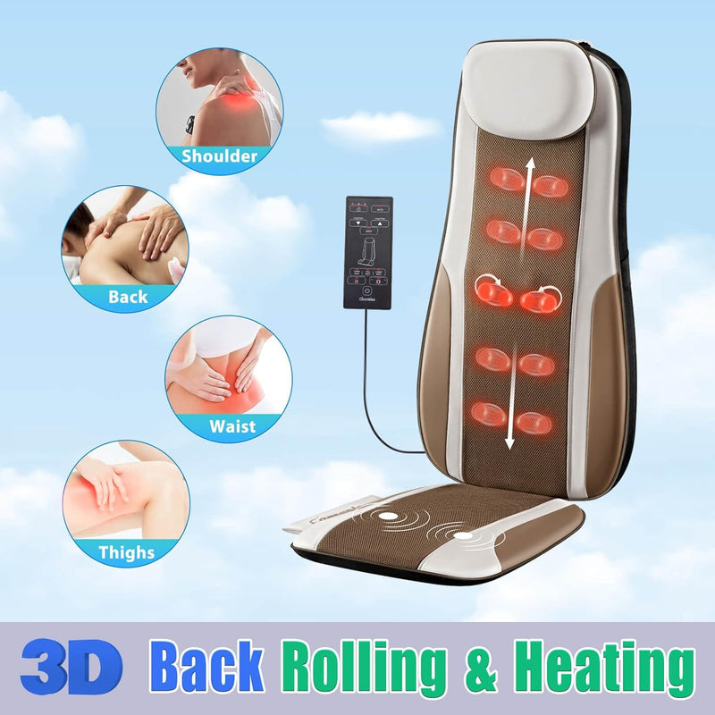 Shiatsu Back Massager with Heat, Massage Chair Pad Seat Cushion for Stress Relief, Deep Tissue Kneading & Roller, 2 Vibration Motors, Back Waist Hip Massager, PU Leather, Fit 5'1-6'2, with 2 Adapters