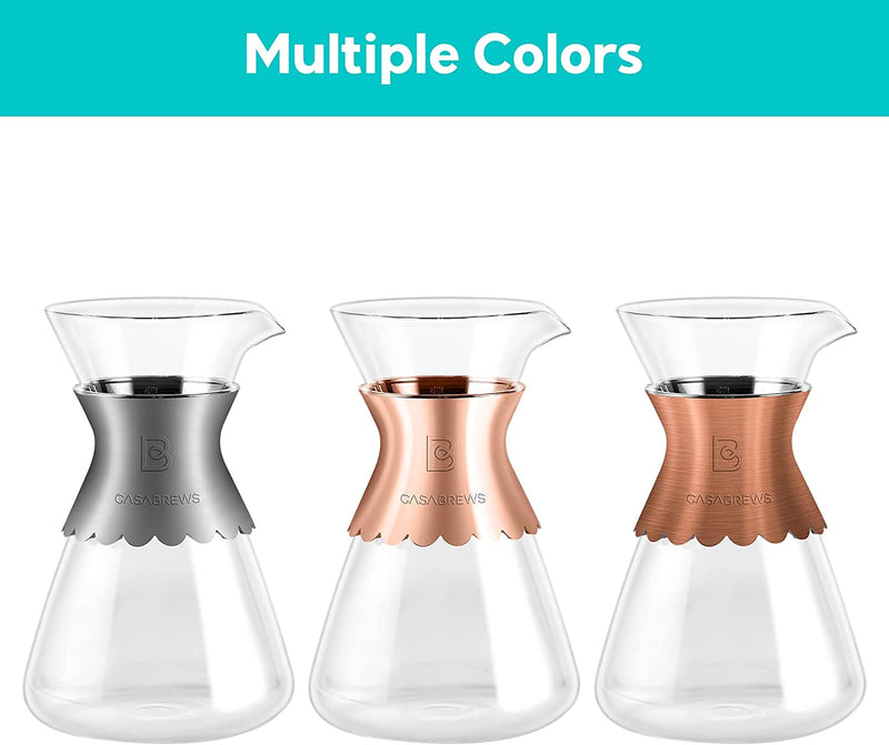 CASABREWS Pour Over Coffee Maker, Coffee Dripper Brewer with Reusable Double-layer Stainless Steel Filter, 34oz Heat Resistant Glass Coffee Pot, Elegant Coffee Carafe, Rose Gold