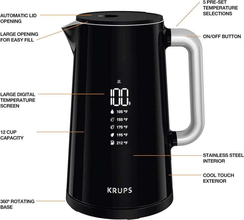 Krups Smart Temp Plastic and Stainless Steel Electric Kettle 1.7 Liter 5 Temperatures, Safe, Real Time Temperature Display 1500 Watts Digital Control, Fast Boiling, Auto Off, Keep Warm, Cordless Black