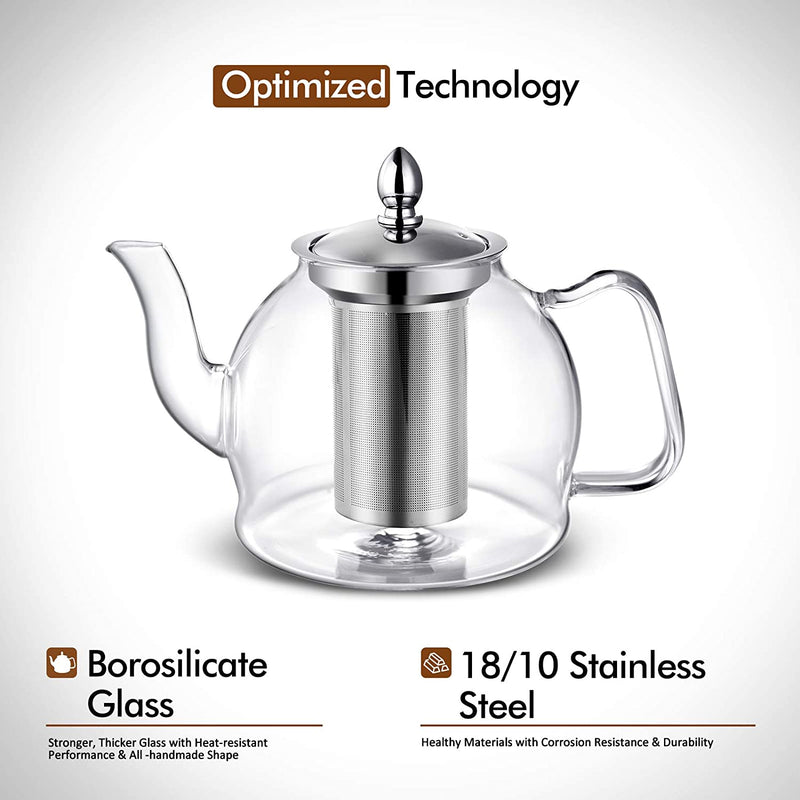 HIWARE 1000ml Glass Teapot with Removable Infuser, Stovetop Safe Tea Kettle, Blooming and Loose Leaf Tea Maker Set