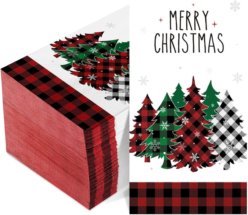 100 Pieces Christmas Napkins Bulk Holiday Disposable Paper Guest Hand Towel Christmas Tree Cocktail Napkins Merry Christmas Hand Napkins for Home Winter Kitchen Xmas Party (Bright Plaid)