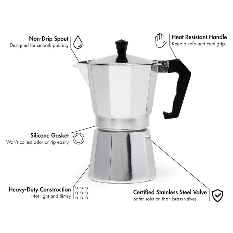 Primula Classic Stovetop Espresso and Coffee Maker, Moka Pot for Italian and Cuban Café Brewing, Greca Coffee Maker, Cafeteras, 6 Espresso Cups, Silver