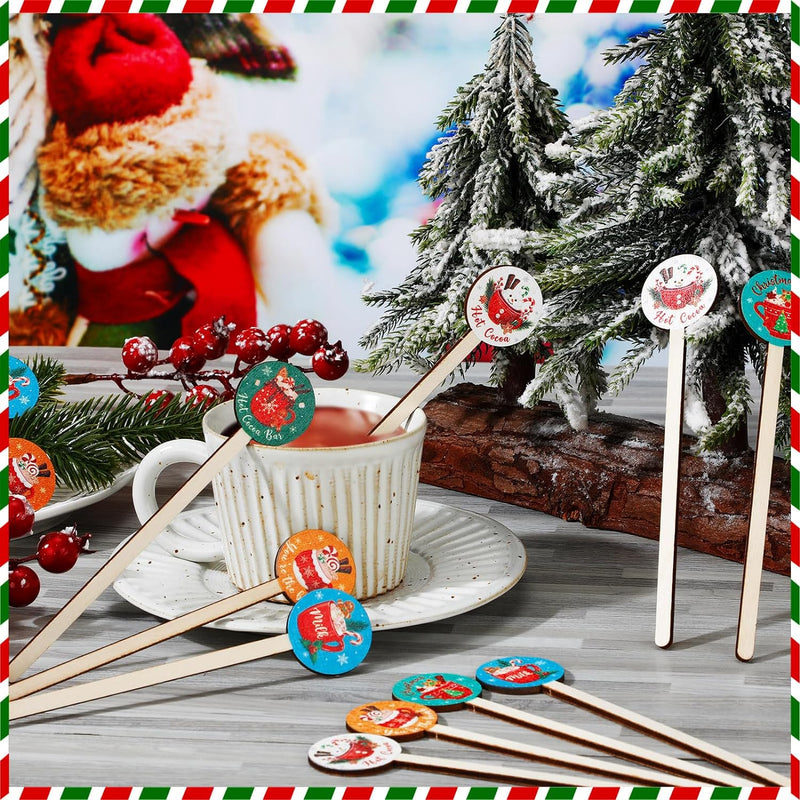 Bokon 150 Pcs Christmas Hot Cocca Stir Sticks Wooden Coffee Stirrers Milk Stirrers Cocktail Round Drinks Stir Sticks for Cocktails for Chocolate Party Supplies Home Restaurant, 5 Styles, 5.9 Inch