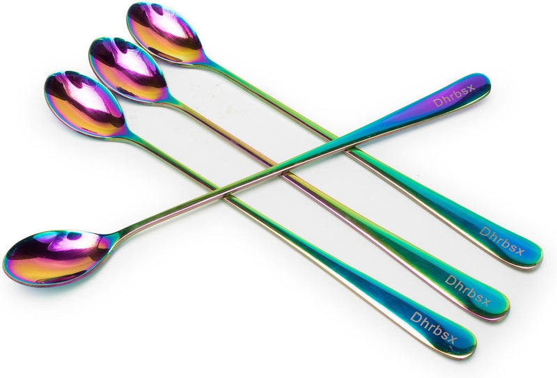 Long-handled ice tea spoon, cocktail stir spoons, stainless steel coffee spoons, Colored ice cream scoop (9 IN iridescence, Round)